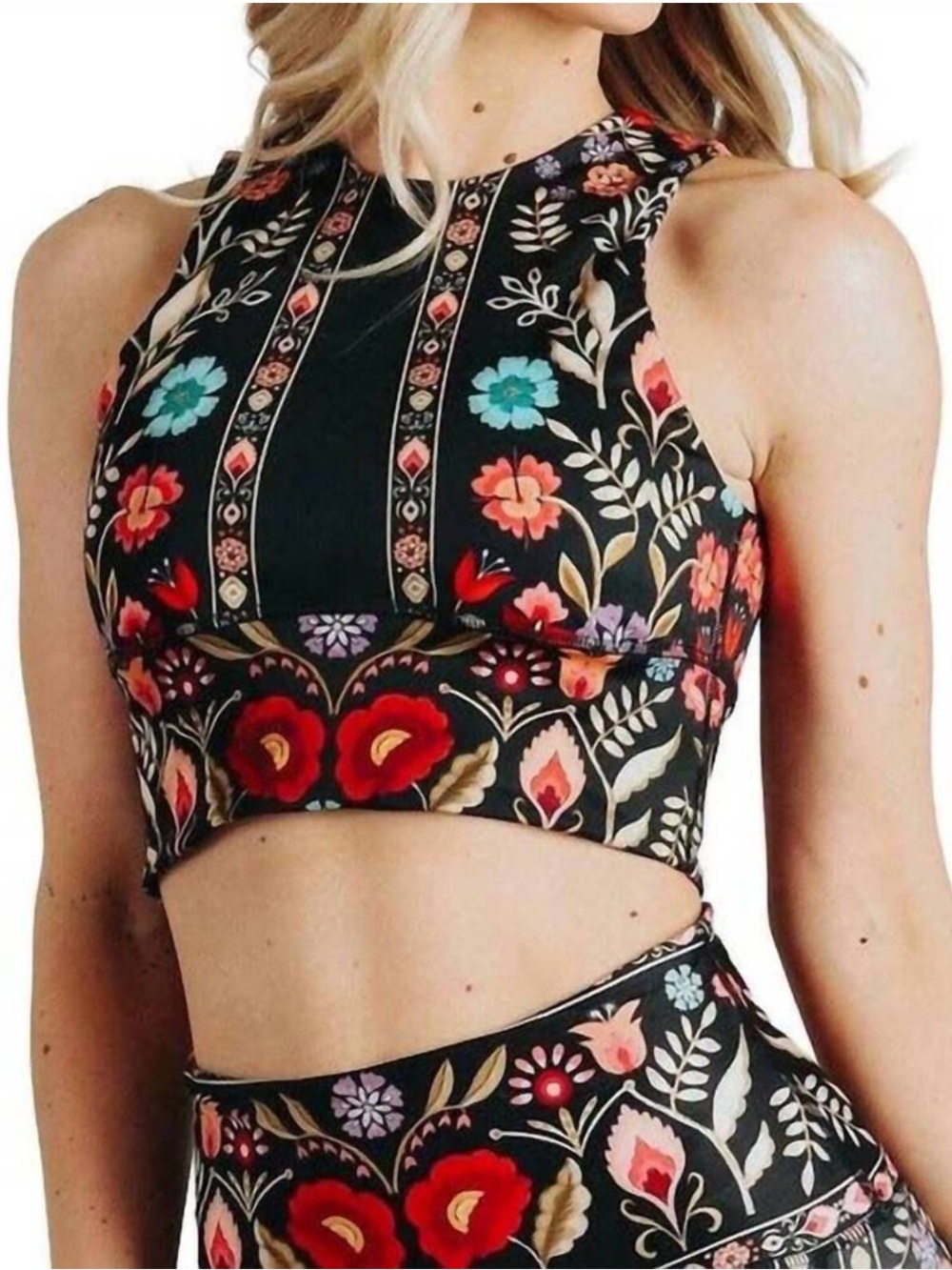 Floral Black Crop Top – Women's Sleeveless Athletic Tank